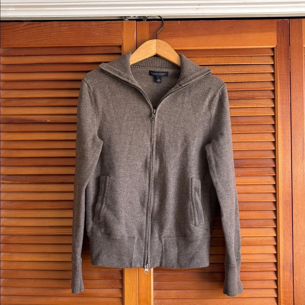 Banana Republic Modern Tipped Standing Collar Merino Wool Full‎ Zip Up Sweater S